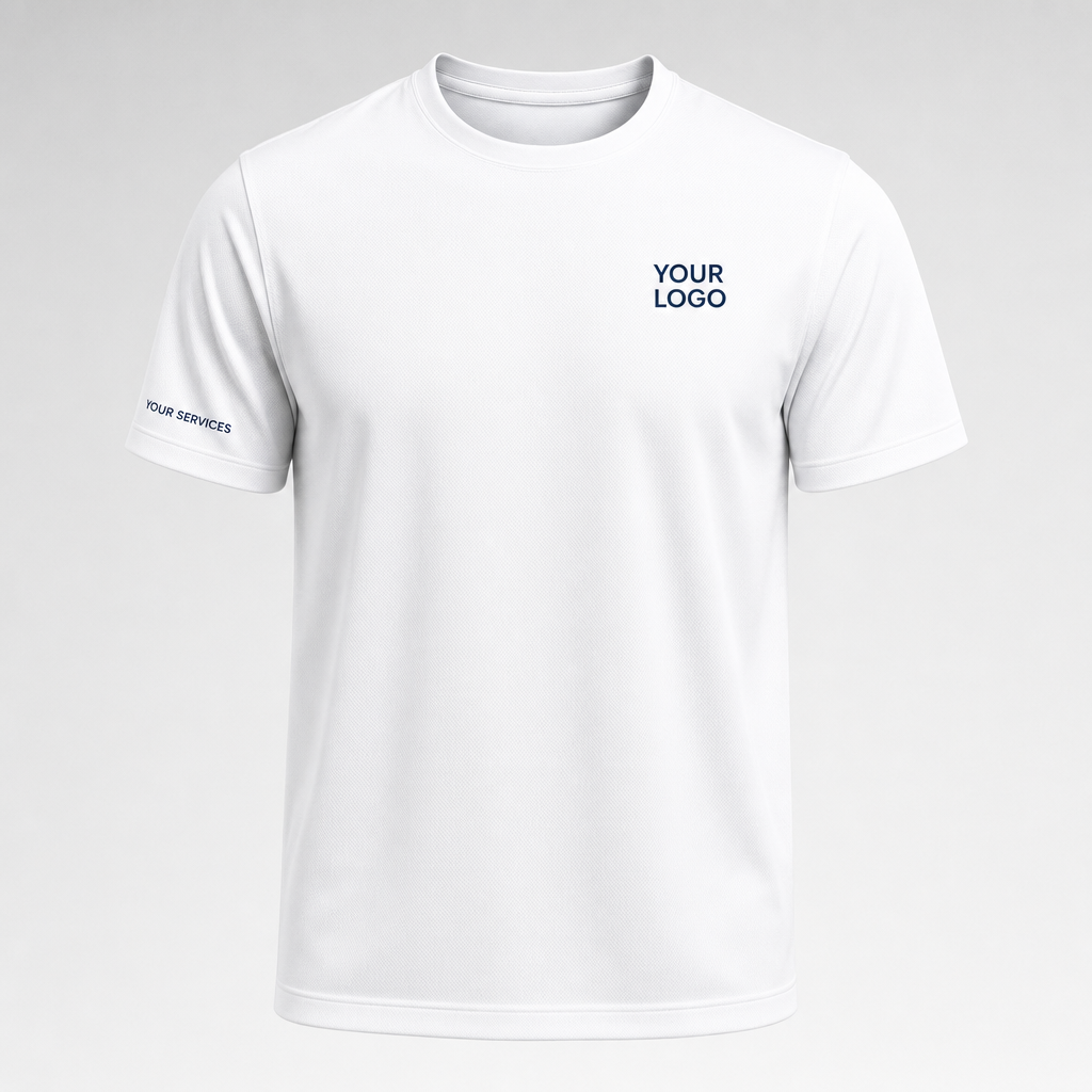 Solid Arctic White custom pressure washing shirt — logo printed front, back and sleeves