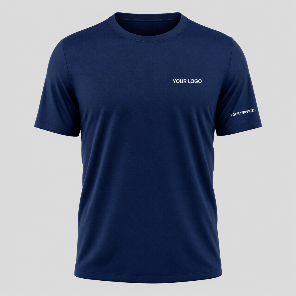 Solid Deep Navy custom pressure washing shirt — logo printed front, back and sleeves