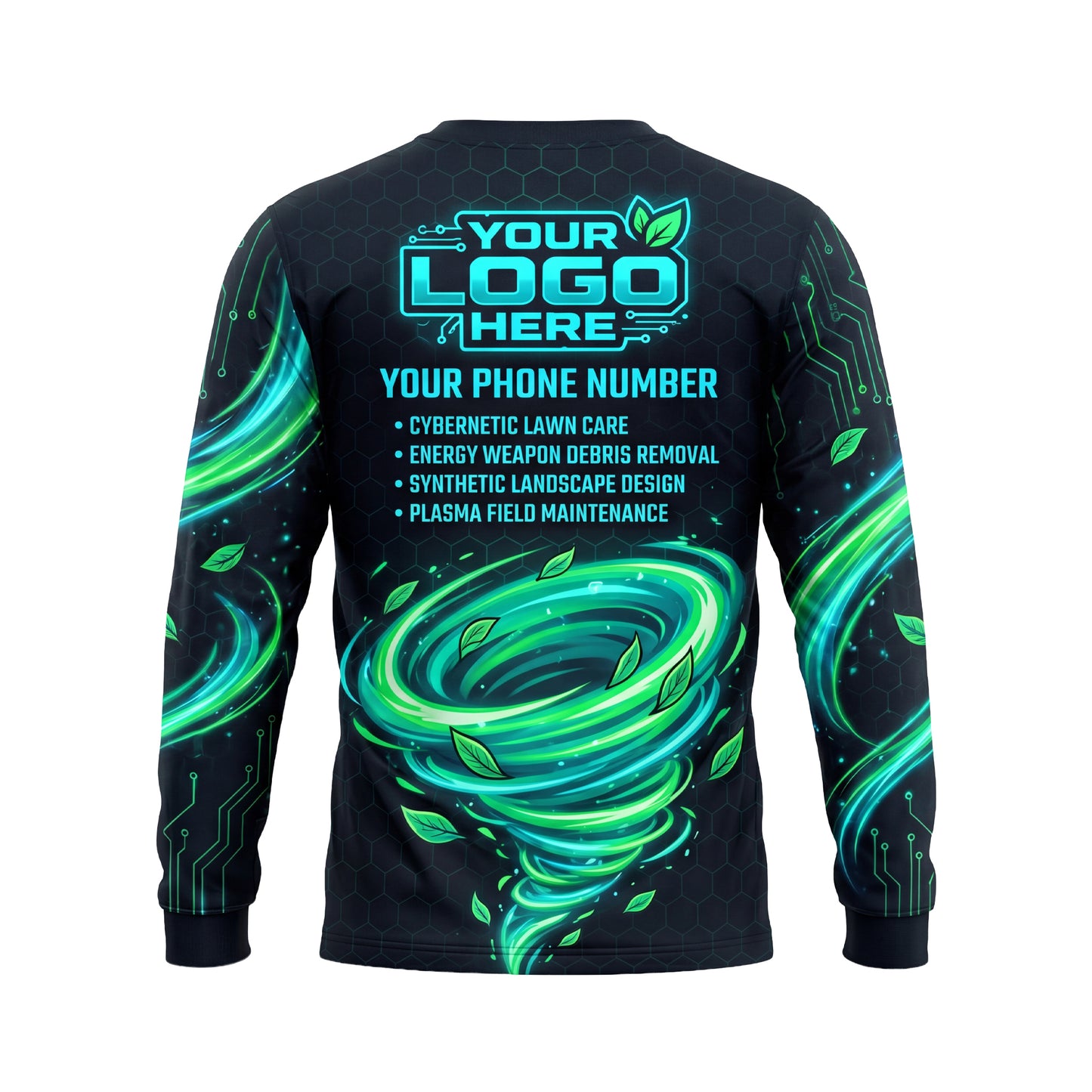 LCNE0001 Cyberpunk Tech Crew custom lawn care shirt — back view