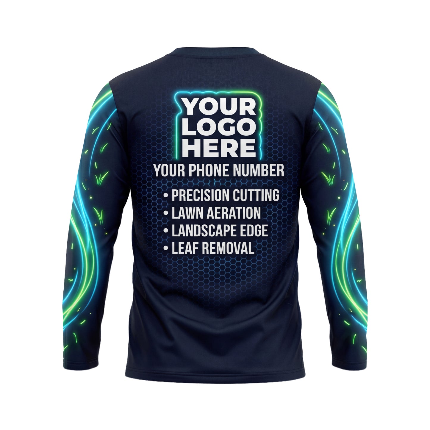 LCNE0005 Futuristic Performance Mower custom landscaping shirt — back view