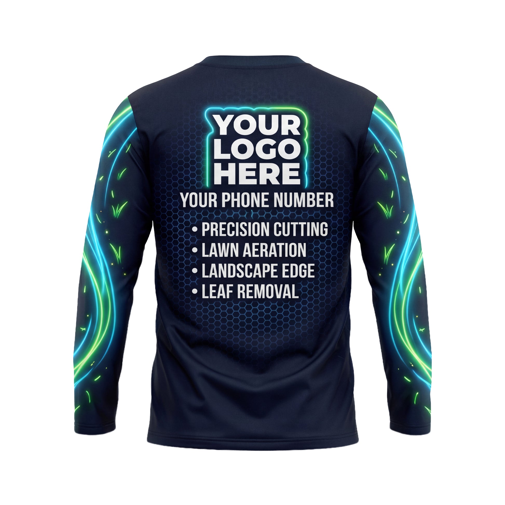 LCNE0005 Futuristic Performance Mower custom landscaping shirt — back view