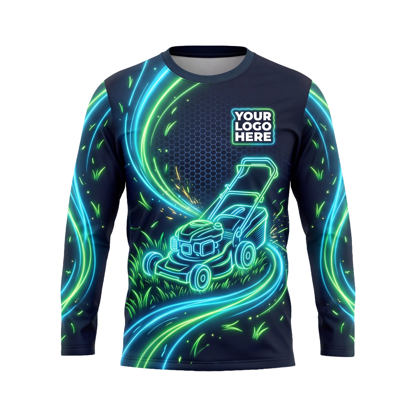LCNE0005 Futuristic Performance Mower custom landscaping shirt — front view