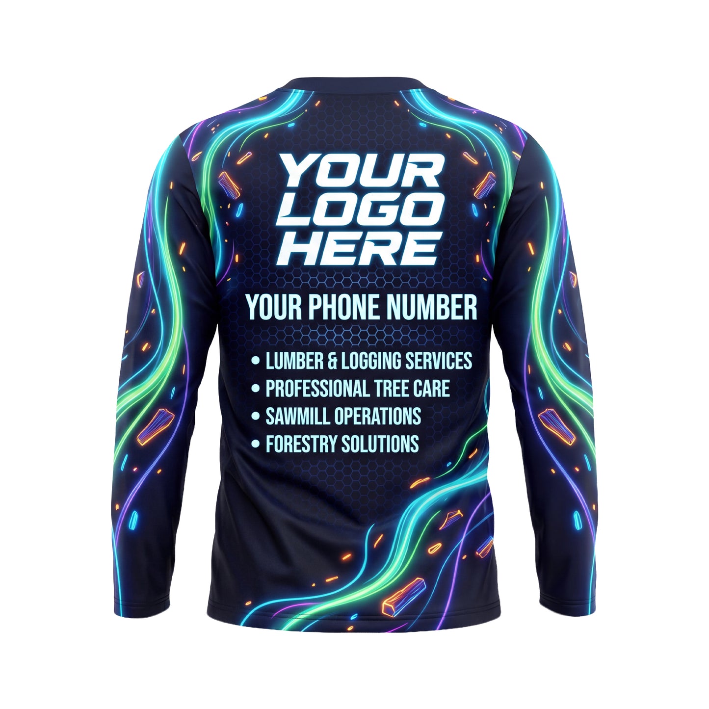 LCNE0010 Neon Blade Chainsaw custom lawn care shirt — back view