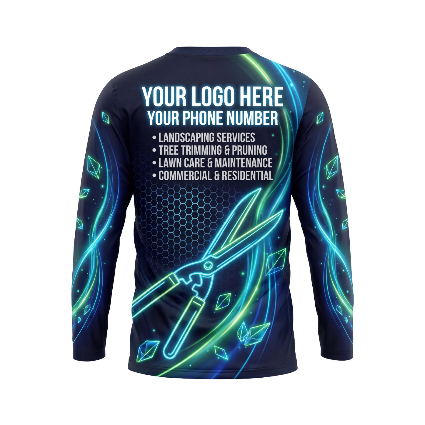 LCNE0008 Precision Neon Pruners custom lawn care shirt — back view