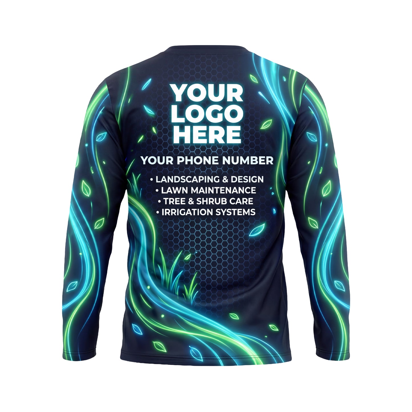 LCNE0004 Side-View Neon Trimmer custom lawn care shirt — back view
