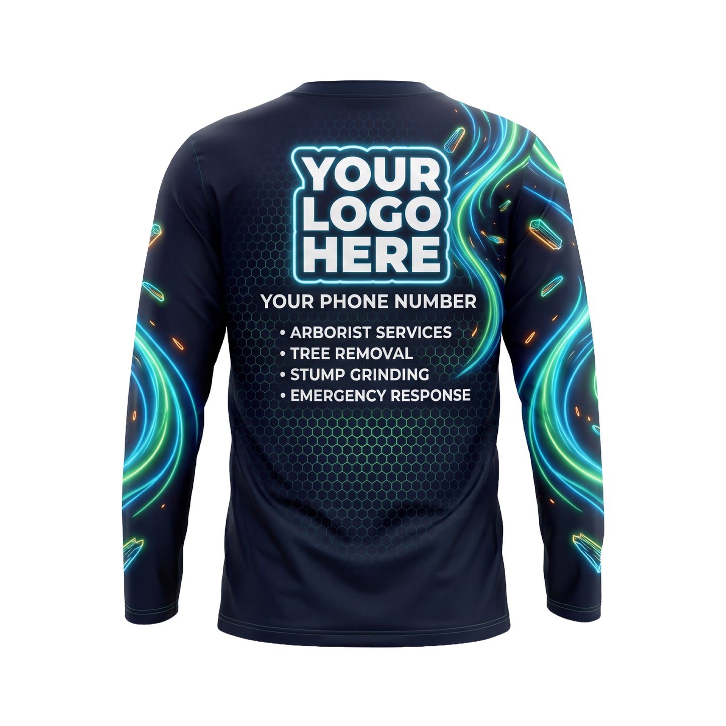 LCNE0009 Turbo Neon Chainsaw custom landscaping shirt — back view