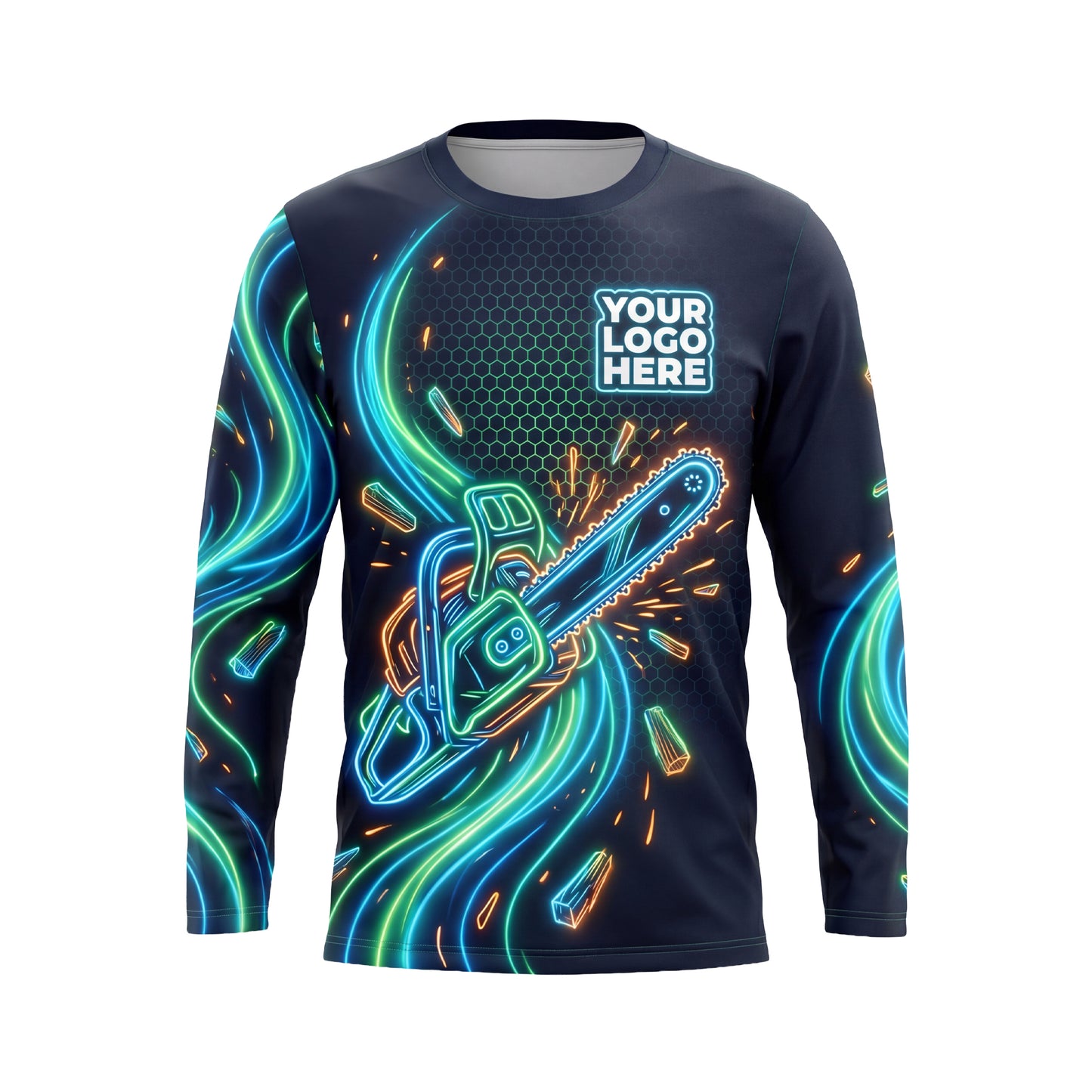 LCNE0009 Turbo Neon Chainsaw custom landscaping shirt — front view