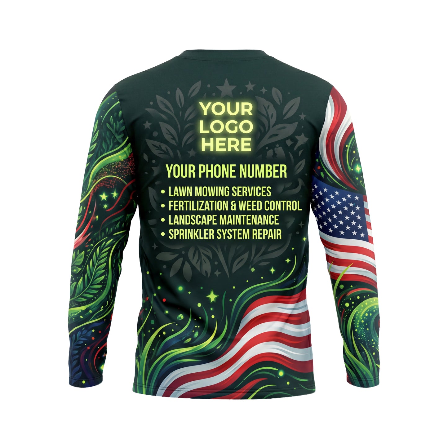 LCLG00004 Freedom Field Lush Green custom lawn care shirt — back view