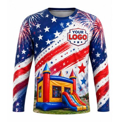 PRN035 - Custom Party Rental Shirt - Fireworks Flag Bounce Castle - front