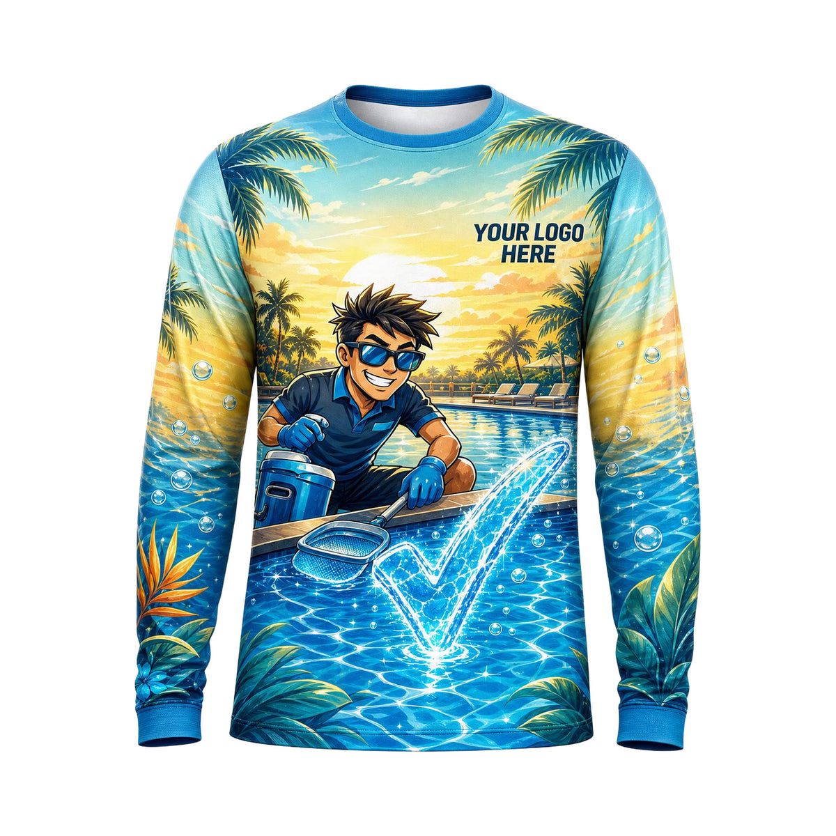 Tropical Pool Mascot custom pool cleaning shirt PSN054 - front