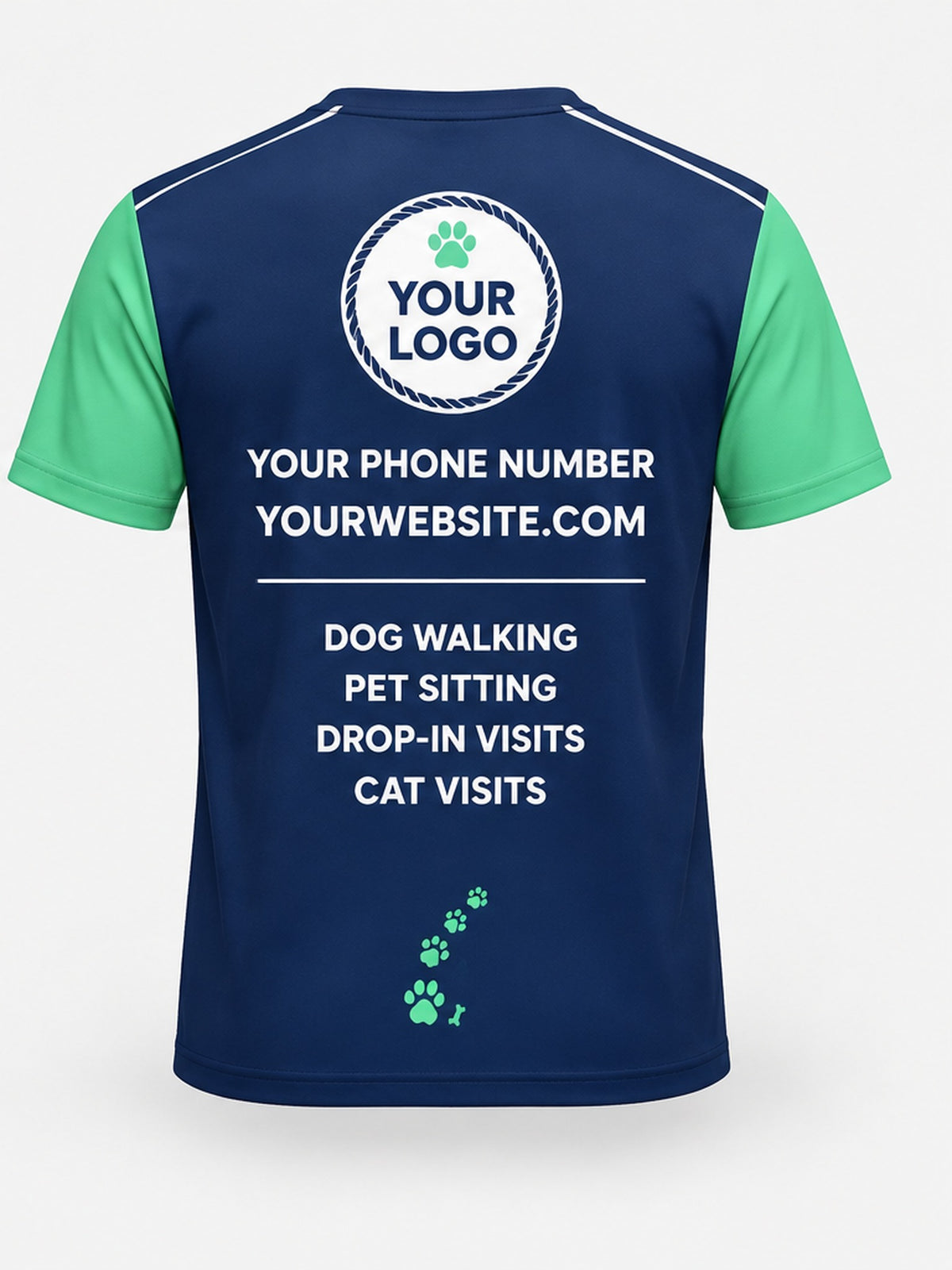 PDW002 - Custom Pet Care Shirt - Navy Mint Paw Trail - back