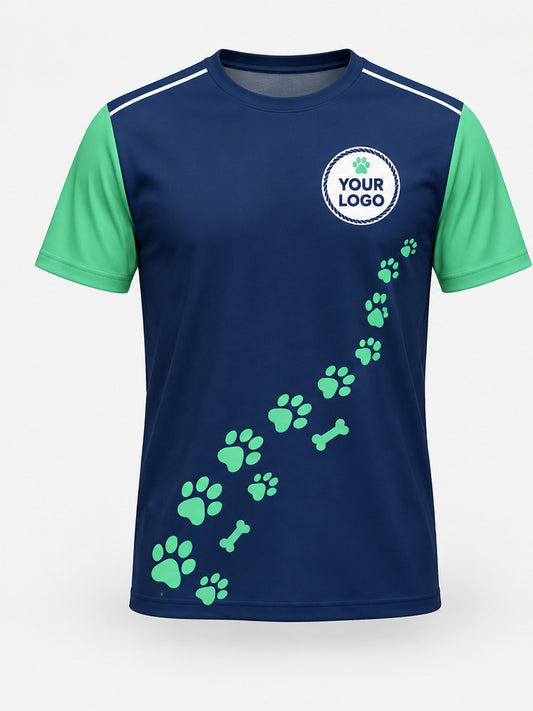PDW002 - Custom Pet Care Shirt - Navy Mint Paw Trail - front