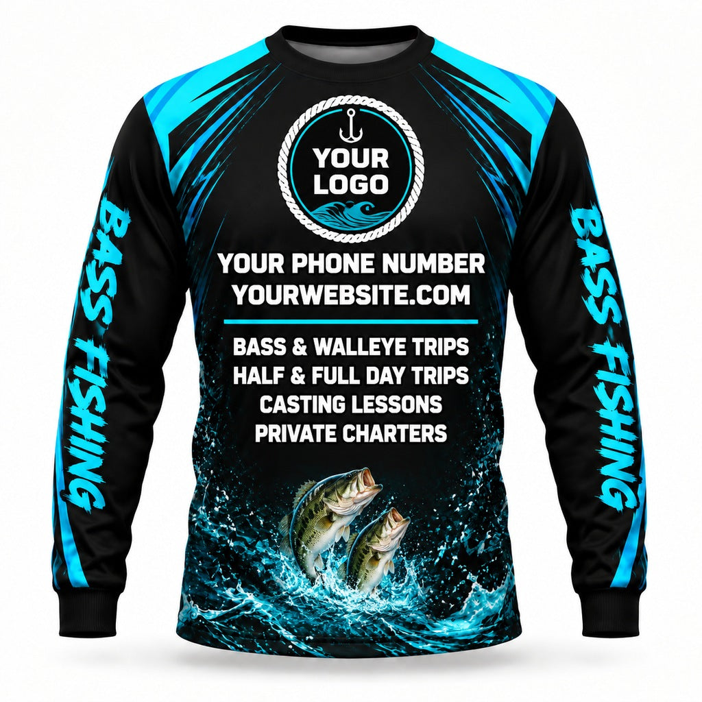 FG025 - Custom Fishing Guide Shirt - Cyan Scratch Bass - back