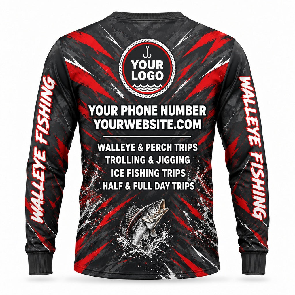 FG035 - Custom Fishing Guide Shirt - Walleye Red Gray - back