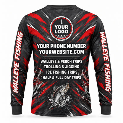 FG035 - Custom Fishing Guide Shirt - Walleye Red Gray - back