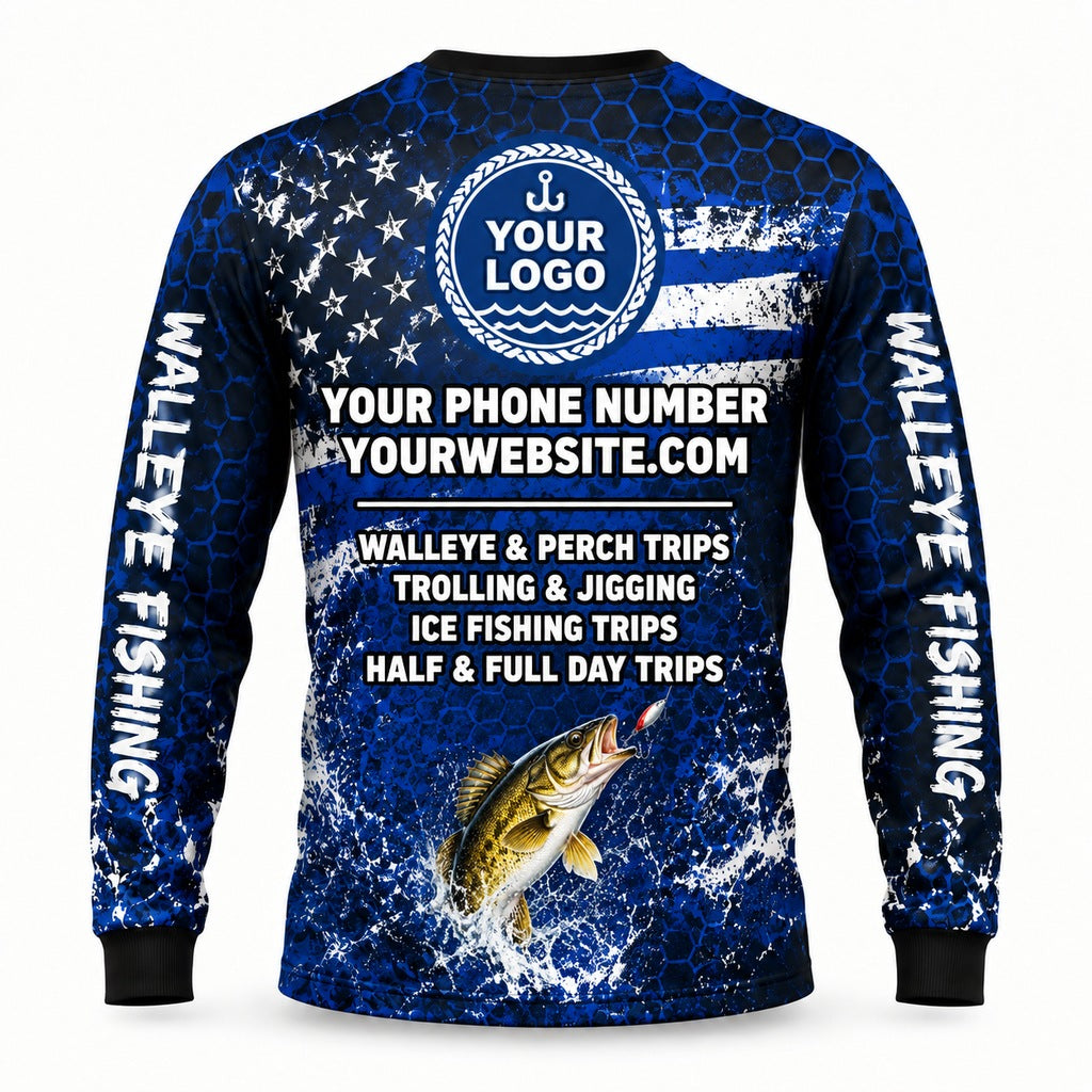 FG037 - Custom Fishing Guide Shirt - Walleye Flag Scratch - back