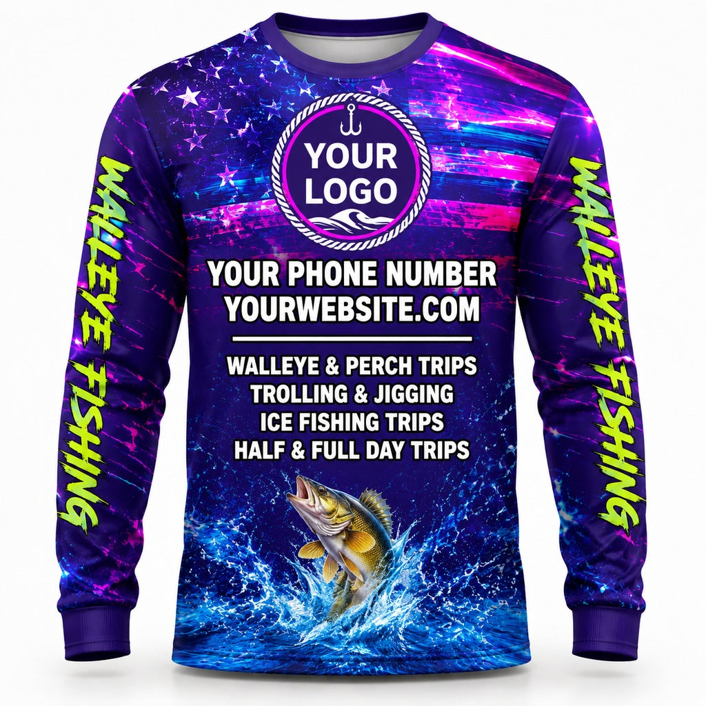FG046 - Custom Fishing Guide Shirt - Neon Walleye - back
