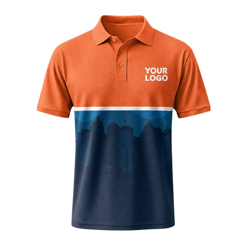Orange Navy Cityscape custom polo shirt FS29 - front
