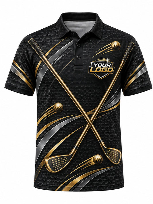 GLF002 - Custom Golf Polo - Black Gold Clubs - front