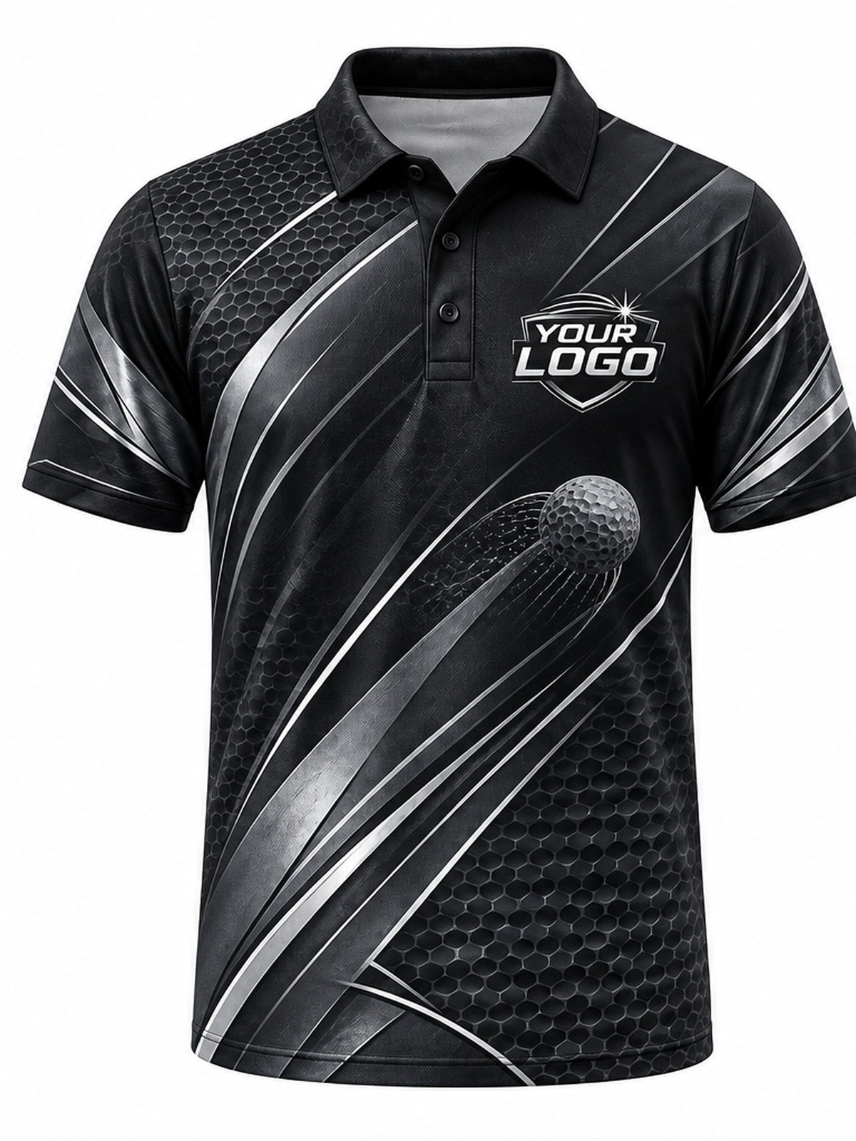 GLF003 - Custom Golf Polo - Black Silver Tour - front
