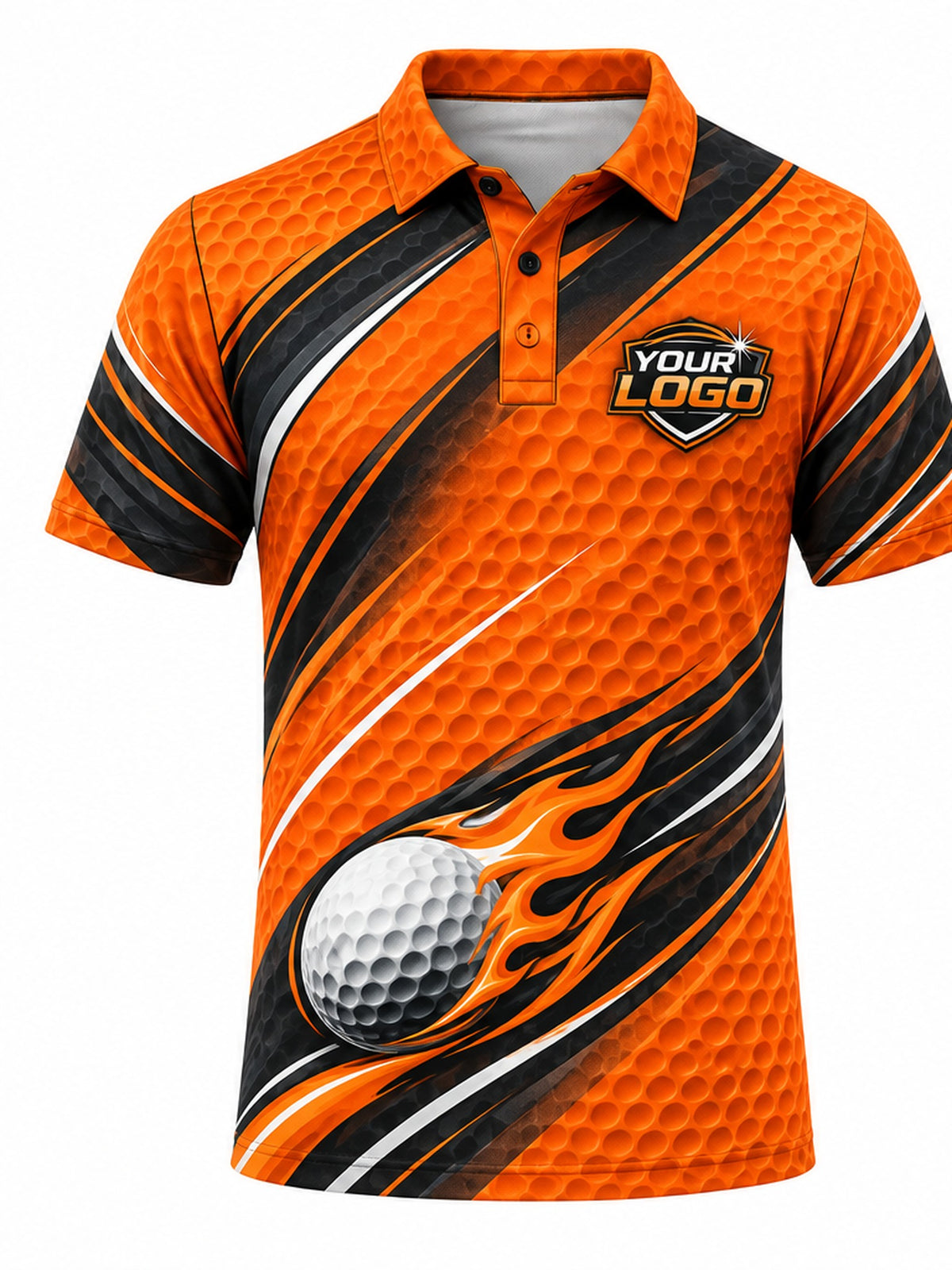 GLF013 - Custom Golf Polo - Orange Fireball - front