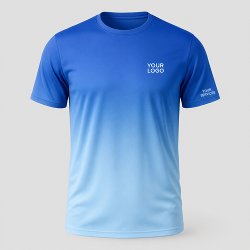 Gradient Coastal Blue custom pressure washing shirt — logo printed front, back and sleeves