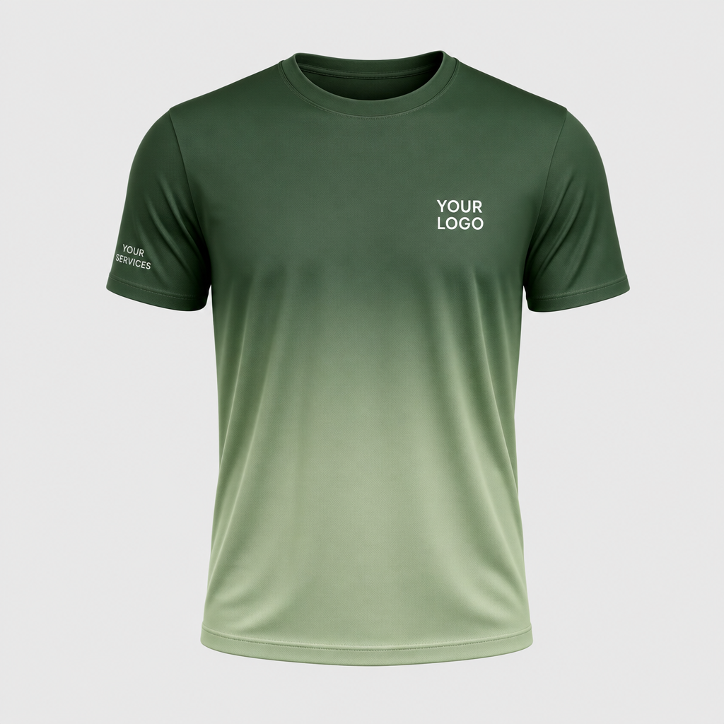 Gradient Forest Mist custom pressure washing shirt — logo printed front, back and sleeves