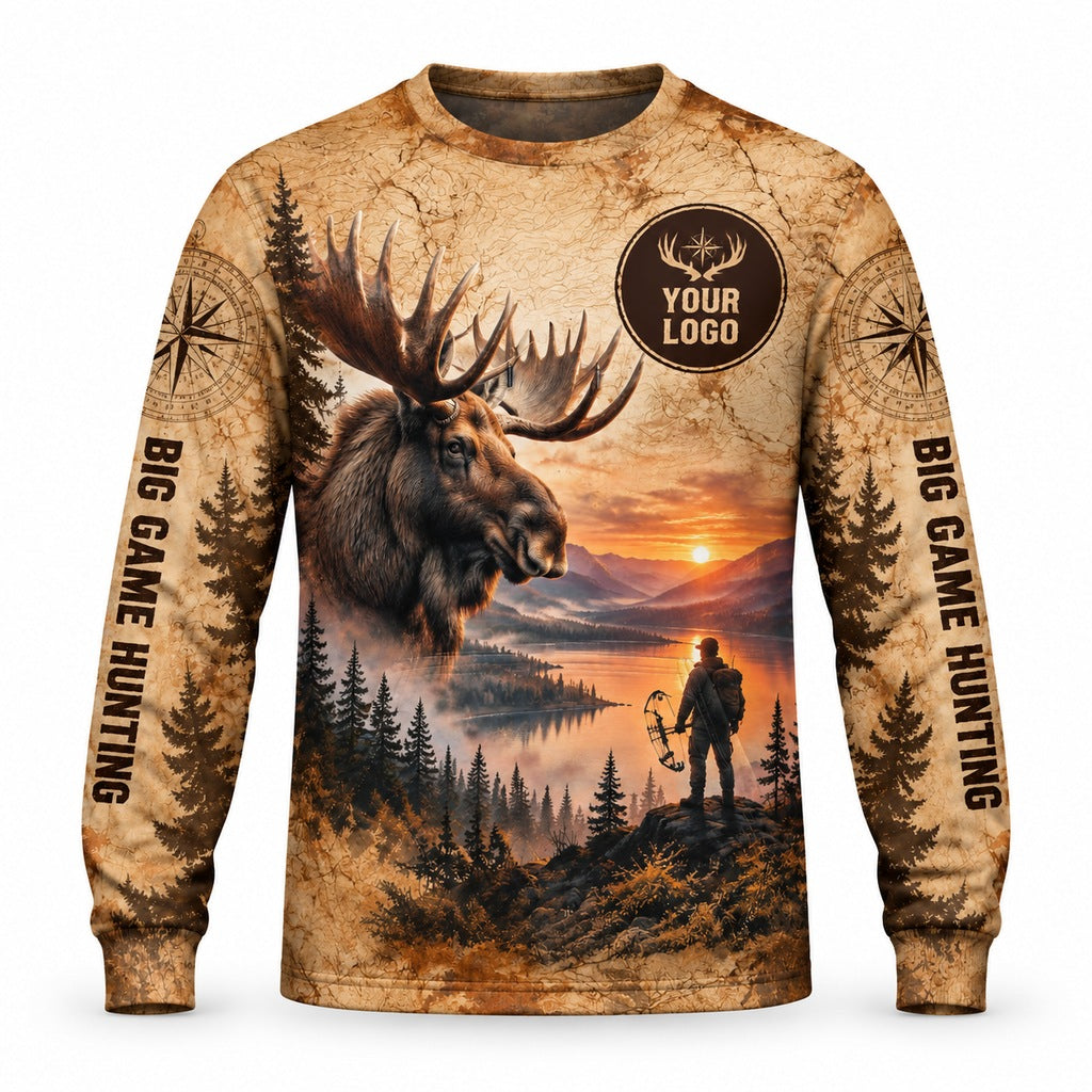 HG002 - Custom Hunting Guide Shirt - Vintage Map Moose - front