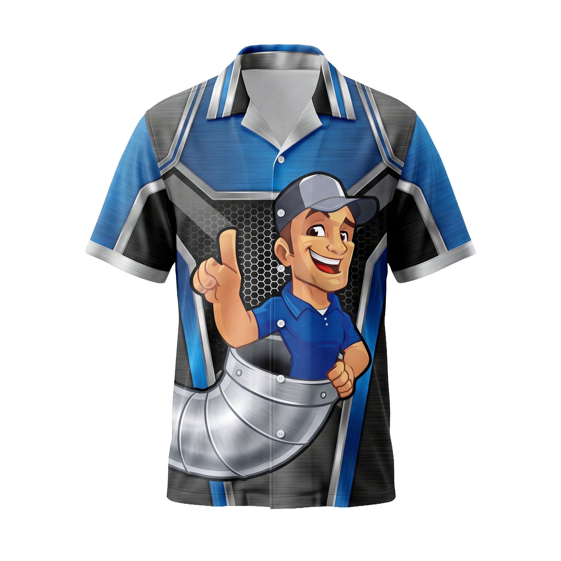 Number One Duct Guy Blue HVAC mascot shirt HVMC04B - front