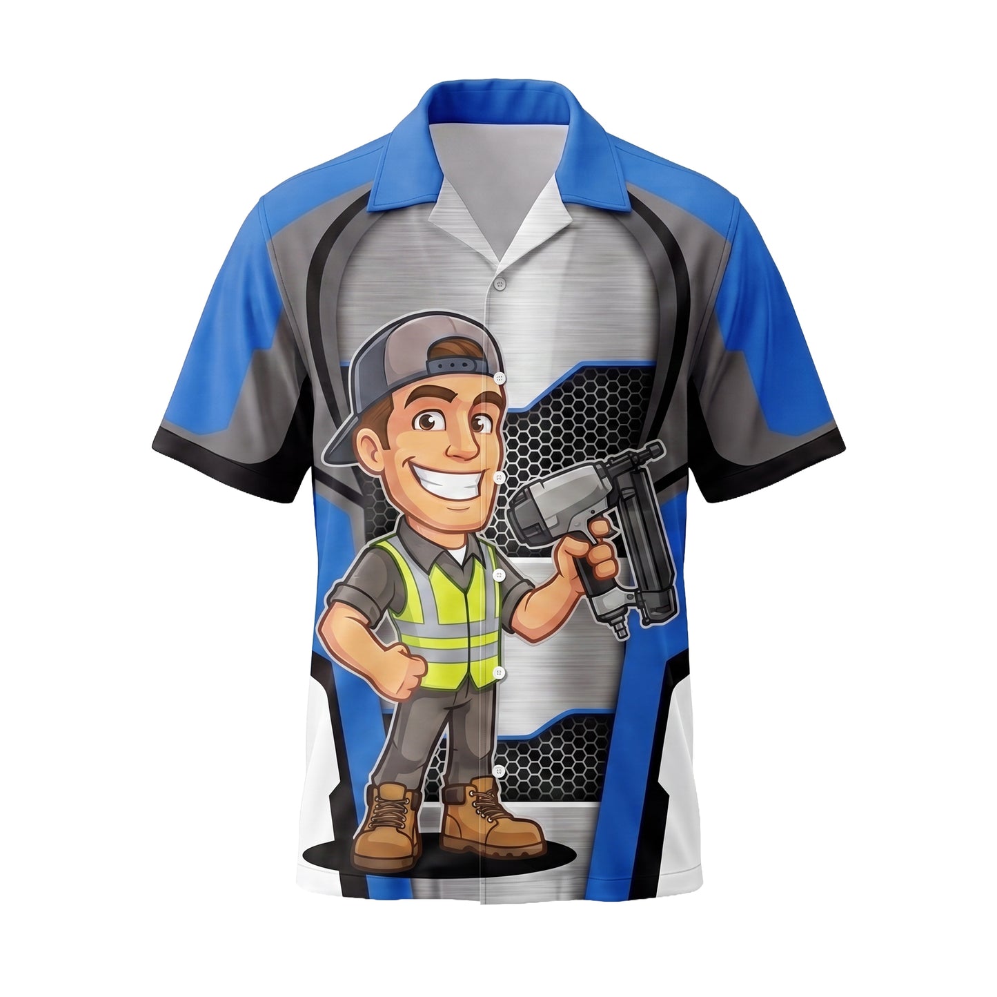 Nail Gun Roofer Blue Roofer mascot shirt ROMC01B - front
