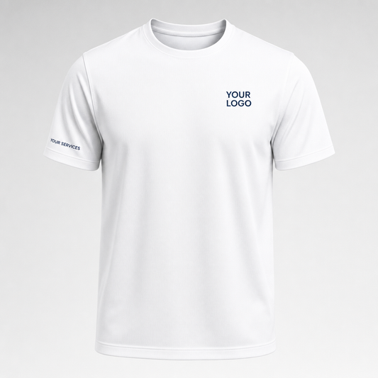 Solid Arctic White custom pressure washing shirt — logo printed front, back and sleeves