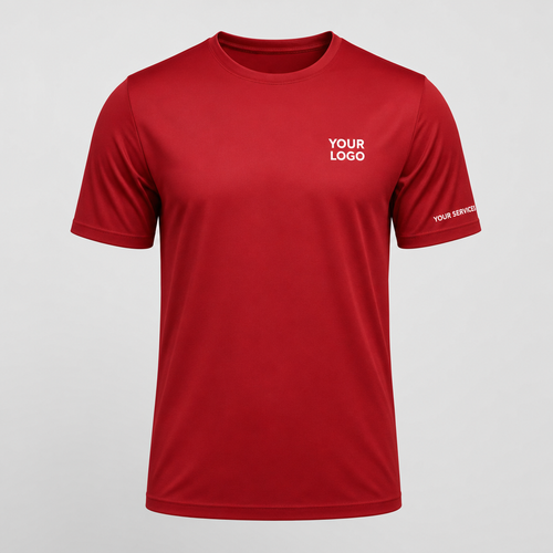 Solid Crimson Red custom pressure washing shirt — logo printed front, back and sleeves