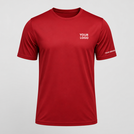 Solid Crimson Red custom pressure washing shirt — logo printed front, back and sleeves
