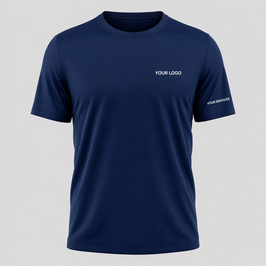 Solid Deep Navy custom pressure washing shirt — logo printed front, back and sleeves