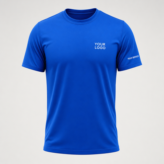 Solid Royal Blue custom pressure washing shirt — logo printed front, back and sleeves
