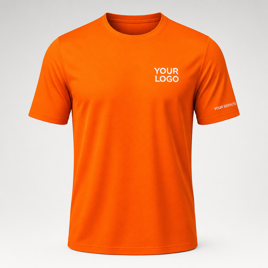Solid Safety Orange custom pressure washing shirt — logo printed front, back and sleeves