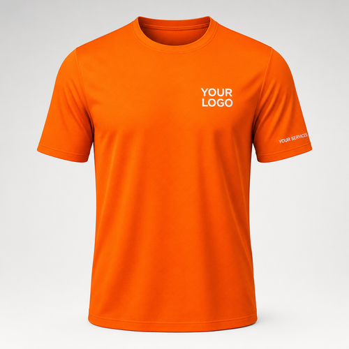 Solid Safety Orange custom pressure washing shirt — logo printed front, back and sleeves
